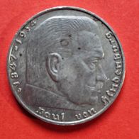 2 Reichsmark 1938 J Hindenburg, 625er Silber