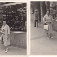 2 alte Fotos Vintage. Dame mit Handtasche vor altem Ladengeschäft. . ( G1 )