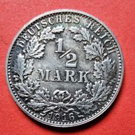 1/2 Mark Deutsches Reich, 1916 E in 900er Silber