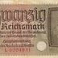 Banknote 20 Reichsmark Reichskreditkasse o. Datum S-Nr. L-6304931 fast bankfrisch