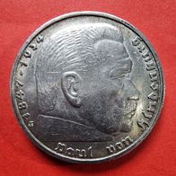 5 Reichsmark 1938 J Hindenburg mit HK, 900er Silber