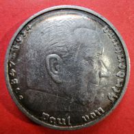 5 Reichsmark 1936 D Hindenburg, ohne HK, 900er Silber