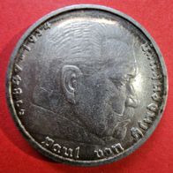 5 Reichsmark 1936 J Hindenburg, ohne HK, 900er Silber