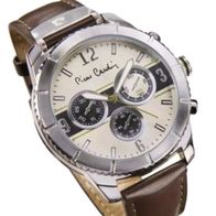 Pierre Cardin 966477 Herren Quartz Armbanduhr Stahl, Lederarmband dunkelbraun 45mm
