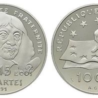 Frankreich 100 Francs = 15 Ecus 1991 PP/ Proof "René Descartes" Rar !