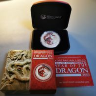 Lunar 2 Drache 1 Oz Silber 2012 Farbe Color Coloriert "Proof"