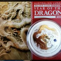 Silbermünze Australien Lunar2 Dragon Drache 2012 gilded 1Oz Neu rar top!