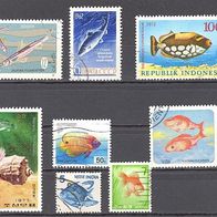 Fische, 8 Briefm., Vietnam, Sowjetunion, Indien, Japan, Laos, Singapur, Korea, Indone