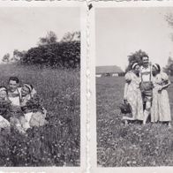 2 alte Fotos Vintage. 2 Frauen und mann in Lederhosen . um 1950.. ( G4 )