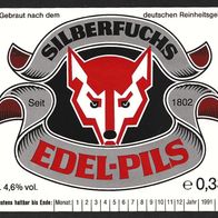 Bieretikett "Silberfuchs Edel-Pils" Königsbräu Heidenheim an der Brenz (Oggenhausen)