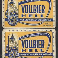 Bieretiketten "Vollbier Hell" Brauerei Otto Gürth KG / VEB Bergbräu Weißenfels † 1975