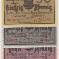 Marienberg-Notgeld 10, 25, 50 Pfennig vom Mai 1917 bis 31.12.1918 3Scheine