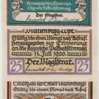Marienburg-Westpreußen Notgeld 10, 25, 50 Pf. vom11.07.1920 Abstimmung 3Scheine
