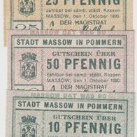 Massow-Pommern-Notgeld 10, 25. 50 Pfennig vom 01.10.1920 3Scheine