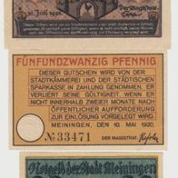 Meiningen-Notgeld-20Pf. vom 21.06.1921,25Pf.v.10.05.1920 u. 30Pf.v.31.07.1921,3Sch.