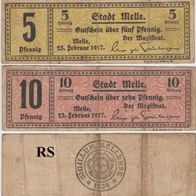 Melle-Notgeld-05,10 Pfennige-vom 23.02.1917, 38 x111mm, gebr. Erhaltung