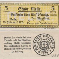 Melle-Notgeld 5 Pfennige vom 23.02.1917, 38x88 mm,