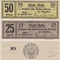 Melle-Notgeld 25, 50 Pfennige vom 23.02.1917, 38 x112mm 2Scheine