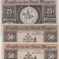 Meppen-Notgeld-10,25,50,50 Pfennig vom 31.05.1921,4Scheine