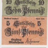 Mindelheim-Notgeld 5,10,50 Pf. vom April 1920, u.5 Pfennig vom November 1918,4Scheine