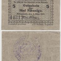 Mittenwald-Notgeld 5 Pfennig vom 03.03.1917 mit Stempel Kz.44312, gebr. Erh.