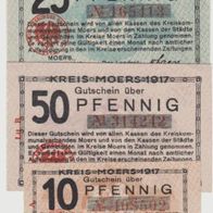 Moers-Notgeld-10 Pf. Buchst. A, 25Pf. ohne, 50Pf. Buchst.B vom 01.06.1917, 3Scheine