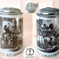 DDR Lichte Porzellan Bierseidel Jagdmotiv * Bierkrug mit Zinndeckel mit Jagdhorn