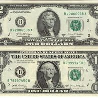 USA - Banknoten 1 + 2 Dollars - 2017 - " B " - New York - UNC