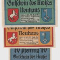 Neuhaus-Notgeld-Oste 10,25,50 Pfennige vom 02.1921 bis 31.12.1922,3 Scheine,