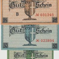 Neuß-Notgeld 10,25 Pfennig vom 01.05.1919 und 50 Pfennig vom 15.09.1919,3 Scheine