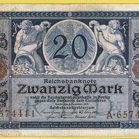 Banknote 20 Mark Reichsbank 1915 sehr schön SNR A-6574411