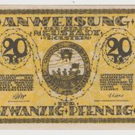 Neustadt-Holstein-Notgeld, 20 Pfennig, Stadtwappen, Giebelhaus,