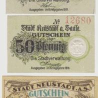 Neustadt-Saale-Notgeld 50Pf. von 1918, 50Pf. von 1919 u.50 Pfennig 01.09.1920,3Scheine