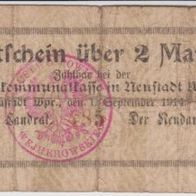 Neustadt-Westpreußen-Notgeld 2 Mark vom 01.09.1914, selten, stark gebraucht