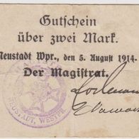 Neustadt-Westpreußen-Notgeld 2 Mark vom 05.08.1914 gebrauchte Erhaltung