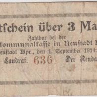 Neustadt-Westpreußen-Notgeld 3 Mark vom 01.09.1914 gebrauchte Erhaltung