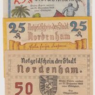 Nordenham-Notgeld 25,25,50 Pfennig 1921 bis 1922, 3 Scheine