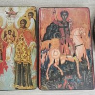 Konvolut 4 orthodoxe Holz-Ikonen Hl Georg Pferd Himmelfahrt Parthenios Kunstdruck?