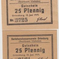 Ortenburg-Vilshofen-Notgeld25,50Pf. dick. dünn. Papier Nr.34313725 v.15.06.1919 2Scheine