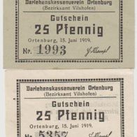 Ortenburg-Vilshofen-Notgeld 25,50 Pf. Nr.1993,5357 vom 15.06.1919, 2Scheine