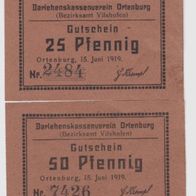 Ortenburg-Vilshofen-Notgeld 25,50 Pf. Nr.7426-2484 vom 15.06.1919, 2 Scheine