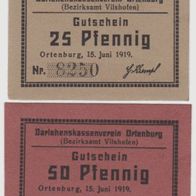 Ortenburg-Vilshofen-Notgeld 25,50 Pf. Nr.8250-1643 vom15.06.1919, 2 Scheine