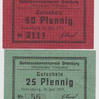 Ortenburg-Vilshofen-Notgeld 25,50 Pf. marmoriert. Nr.56-3111vom15.06.1919, 2 Scheine