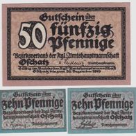 Oschatz-Notgeld 10Pf. bis31.12.1918,10, 50 Pfennig bis31.12.1919, 3 Scheine