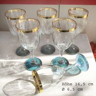 6 herrliche Weingläser mit Goldrand & blauem Fuß