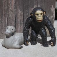 Figur, 2 Zoo- / Zirkustiere, Seehund, Affe, Elastolin, Spur G, 1:22,5