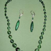 Set: Malachit Perlenkette flache Perlen L= 47cm Magnetverschluß + Ohrringe