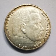 5 Reichsmark 1936 G Hindenburg ohne HK, 900er Silber