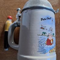 Neu Bierkrug Petri Heil Angler mit Zinn Deckel Krug Steingut Keramik I: 0,5l