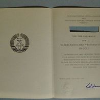 Original Urkunde Ehrenspange Vaterländischer Verdienstorden 7.10.1989 VVO